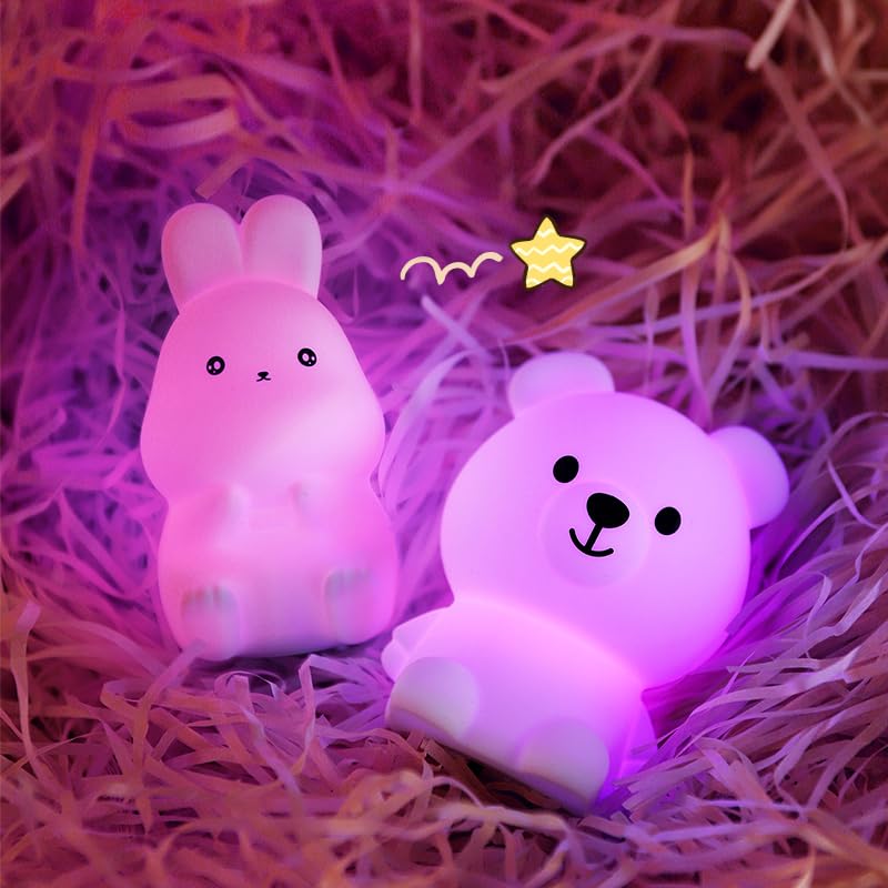 GoLine Mini Bunny Night Lights for Kids Ages 3-8, Cute Silicone Easter Rabbit Lamp with 7 Color, Christmas Birthday Toys Gifts for 4 5 6 7 8 9 10 Year Old Girls Boys Baby Toddlers.