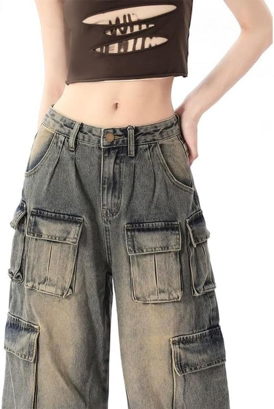 Baggy Cargo Pants for Women Girls Wide Leg Jeans Y2k Hip Hop Streetwear Low Rise Oversized Jeans Grunge Clothes Blue - Image 5