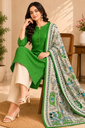 Image of Madhubani Print Unstitched Salwar Suit Dress Material for Women with Dupatta | Traditional Ethnic Cotton Blend Suit Material | Ethnic Madhubani Art Printed