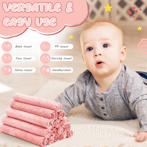 Image of Handepo 100 Pack Baby Washcloths Bulk 10 x 10 Inch Microfiber Coral Fleece Baby Face Towels Absorbent and Soft Wash Cloths for Newborns Infants and Toddlers(Pink)