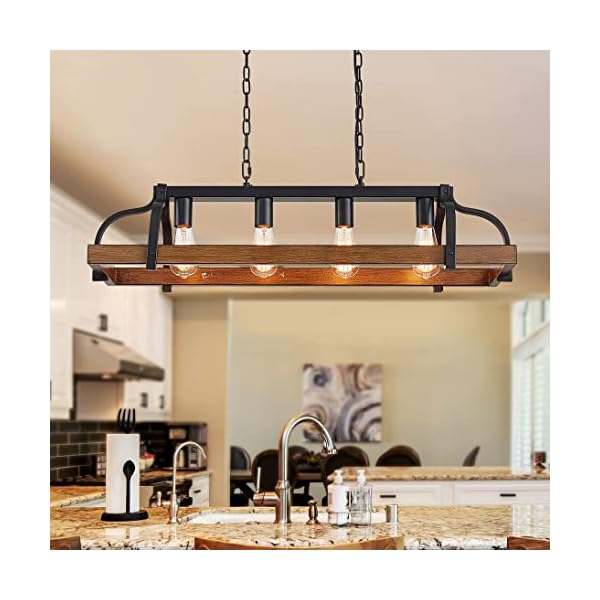 WUZUPS 4-Light Metal Pot Hanging Rack Chandelier Imitation Wood Grain Linear Pendant Ceiling Lighting Rustic Farmhouse Fixture Kitchen Island Dining Room, H 9.8" x L 34.6" x W11.8, E26 Base, Black