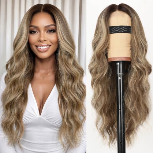 Image of AISI HAIR Ombre Blonde Balayage wig Wig for Women, Long Wavy Lace Hairline Middle Part Synthetic Heat Resistant Wig for Daily Party-26 Inch