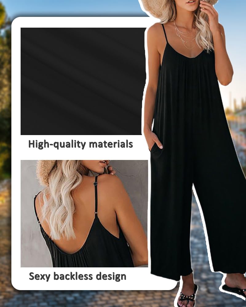 Combinaison longue femme col V Combinaison à jambes larges, poches et bretelles Coupe ample Style bohème Sans manches Tenue d’été