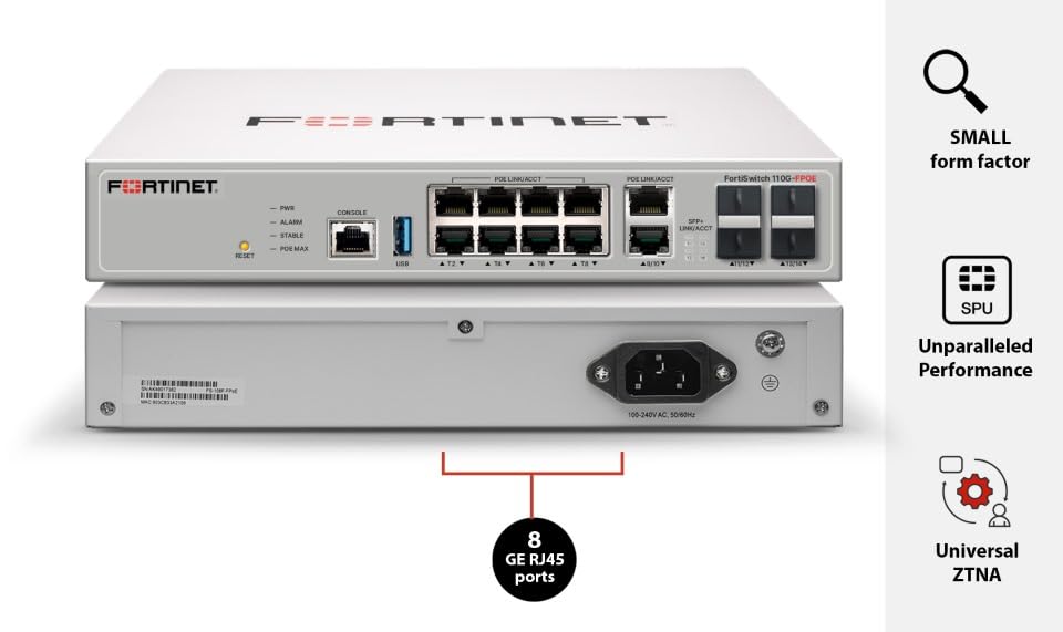 Image of Fortinet FortiSwitch FS-110G-FPOE 8-Port Gigabit PoE+ Switch | 2 SFP Ports | Managed Network Switch with 130W PoE Power (FS-110G-FPOE)