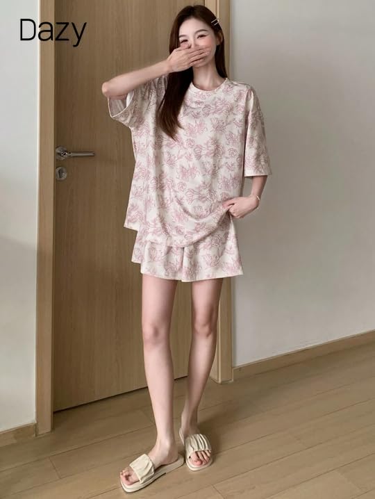 Image of Lunza Women's Cotton Blend Pajama Set, Short Sleeve T-Shirt and Shorts, Cute Bear Print Nightwear