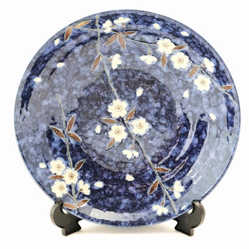 Plato llano japonés, de porcelana de 23 cm de diámetro, color azul, apto para lavavajillas y microondas, platos de postre, platos de pasta, platos de ensalada