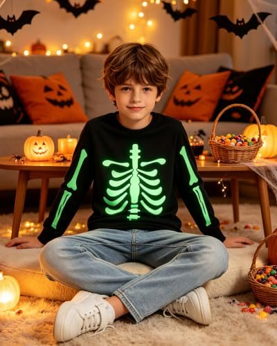 Idgreatim Boys T-Shirt Glow in the Dark Skeleton Halloween Shirt Size 9-12T — view 2