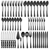 LIANYU 41-Piece Matte Black Silverware Set with Steak Knives and Serving Utensils, Modern Stainless...