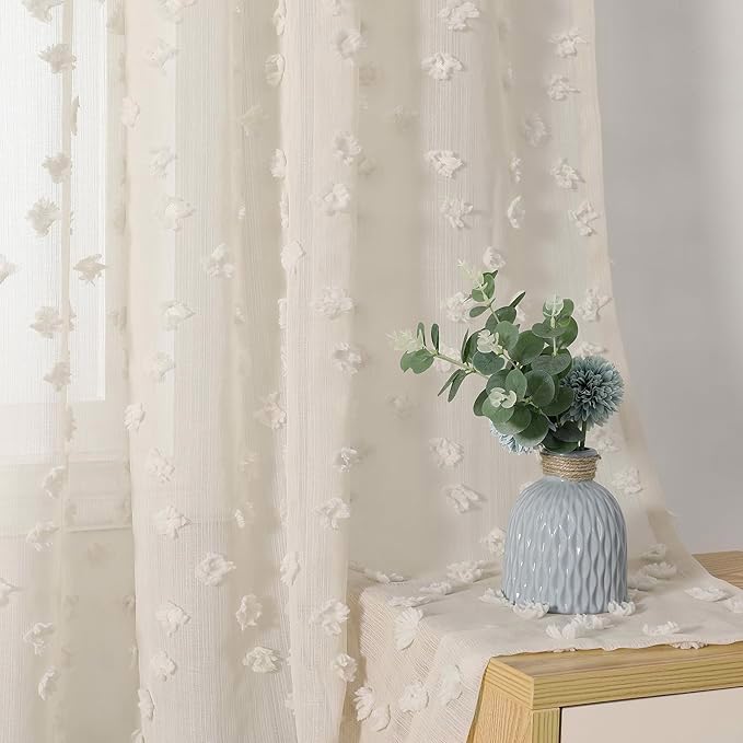 Image of MYSKY HOME Pom Pom Beige Sheer Curtains for Bedroom Girls Room Curtains 63 inch Length for Nursery Kids Light Filtering Boho Window Drapes, Rod Pocket, 52" Wide, 2 Panels