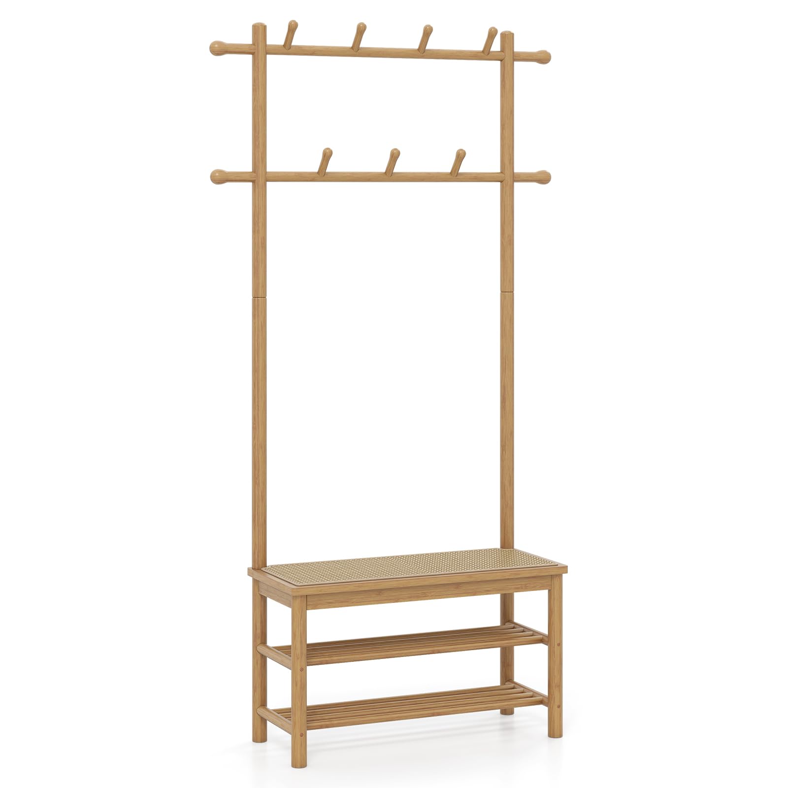 Multigot Bamboo Coat Rack, PE Rattan Hall Tree with 11 Hanging Hooks and 2 Shelves, 3-In-1 Shoe Storage Bench Organizer for Hallway Bedroom Entryway (Natural)