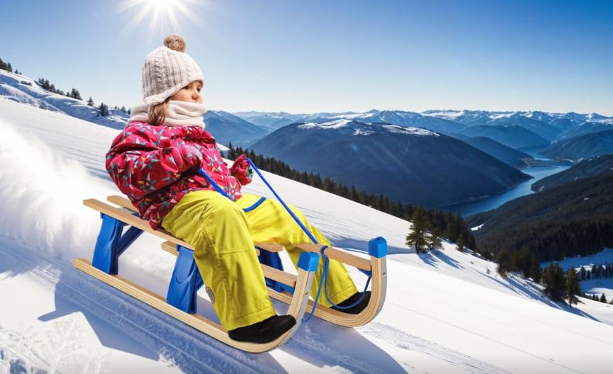Slittino in legno - Slitta da neve - Slittino pieghevole - Con cordino e pinza per palle da neve - Lacci in acciaio - Portata 130 kg - Senza schienale