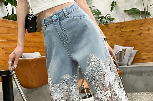 Women's Summer Lace Hollow Patchwork Ripped High Waisted Jeans Casual Vintage Baggy Straight Wide Leg Denim Pants4
