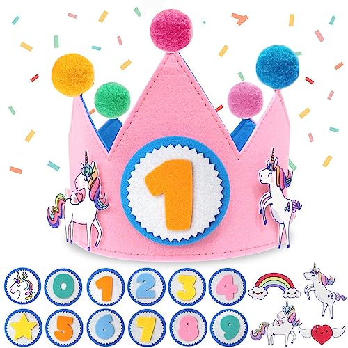 NCKIHRKK Corona Primer Cumpleaños 1 a 9 Años, Corona de Tela Números Intercambiables 1 a 9, Corona de Unicornio, Decoracion Carnaval para Niños