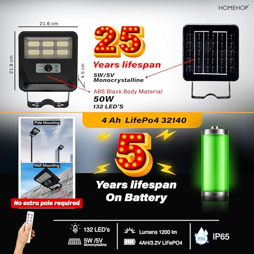 Image of Homehop Solar Light Outdoor Home Garden Street 50W Wireless LED Night Lamp | Solar Street Light Outdoor Waterproof Automatic Motion Sensor for Wall, Parking Area, Yard, Pathway (4000mAh, WarmLight, ABS)