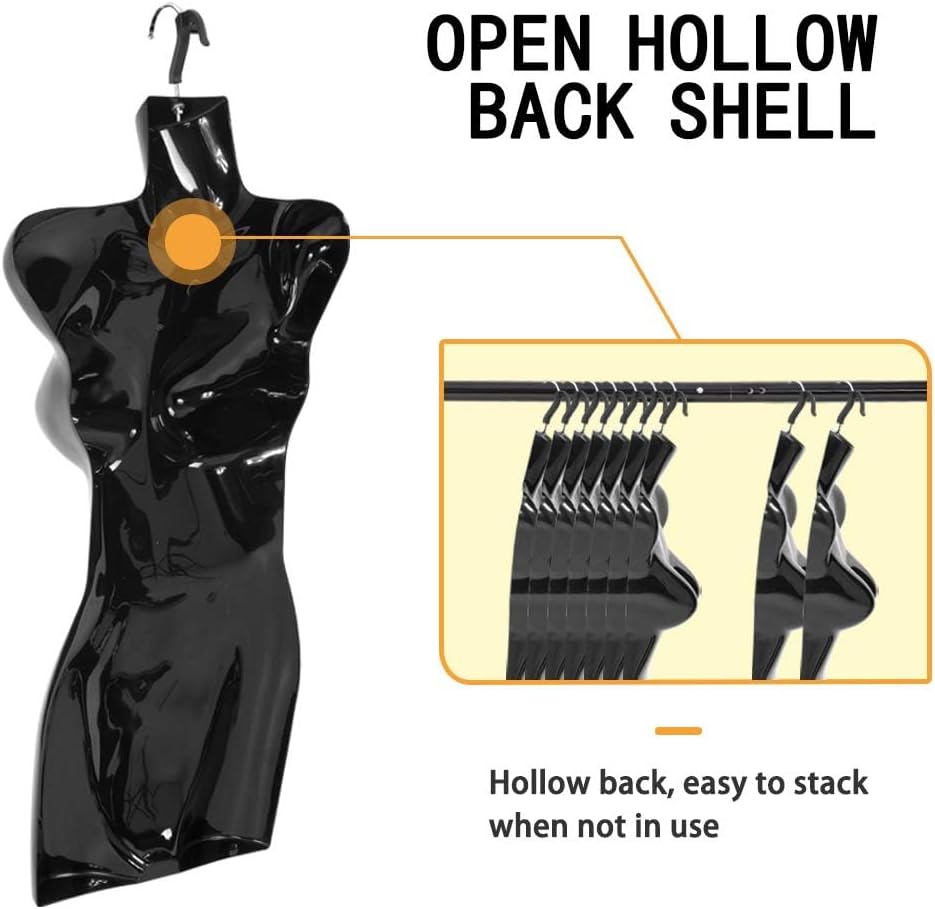 Female Mannequin Torso, 4 Packs Mannequin Hanger, 27 Inch Torso Manikins with Metal Hanging Hook, Plastic Mannequins Torso for Clothing, Accessories, Shirt Display, Mannequin Torso Woman (Black)