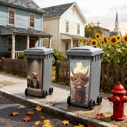 Image of 2 PC Trash Can Sticker 14.57 x 32.28 Inch Funny Highland Cow Design Vinyl Sticker with Toothbrush Newspaper and Mountain Bathroom Pattern for Outdoor Garbage Bin Garden Yard Driveway Home Decor