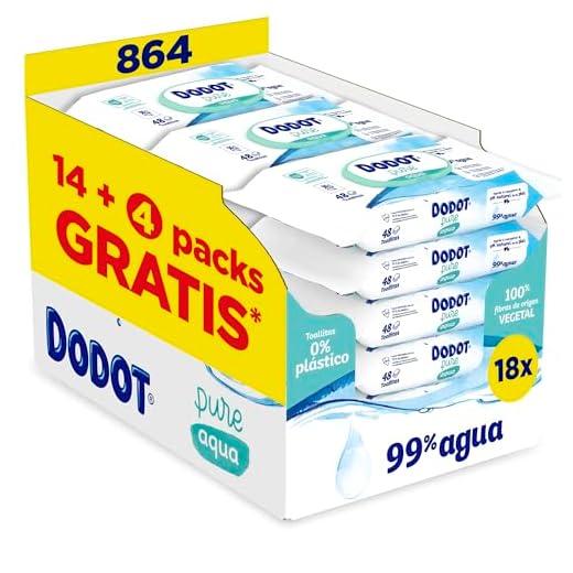 Dodot Toallitas Pure Aqua para Bebé, 99% Agua, 100% Fibras de Origen Vegetal, 864 Toallitas, 18 Paquetes de 48 unidades