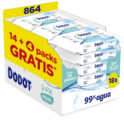 Dodot Toallitas Pure Aqua Para Bebé, 864 Toallitas (18 Packs de 48 Unidades), Ayuda A Restaurar El PH Natural De La Piel, 99% Agua, Sin plástico (El empaque puede variar)