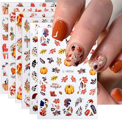 6Sheets Fall Thanksgiving Nail Stickers, 3D Maple Leaf Adhesive Decals, Autumn Leaves...