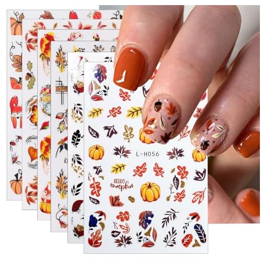 6Sheets Fall Thanksgiving Nail Stickers, 3D Maple Leaf Adhesive Decals, Autumn Leaves Supplies, Cute Squirrel Pumpkin Black Leaf Glitter Design, Holiday DIY Manicure Decoration Accessories
