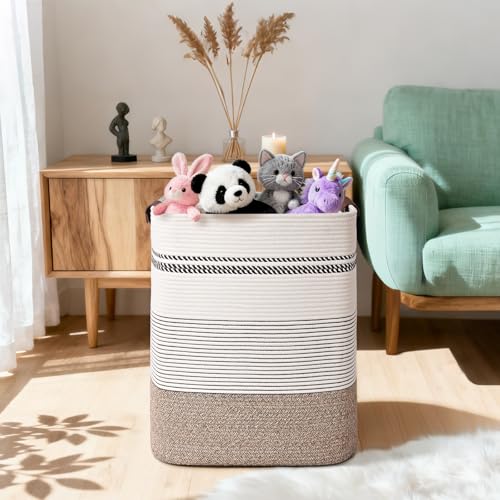 Image of Laundry Hamper, 95L Tall Laundry Basket with Leather Handles, Rectangle Large Clothes Hamper for Organizing, Cotton Woven Laundry Baskets Storage Hampers for Bedroom, Nursery, Living Room