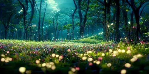 SIEDYCV 15x8ft Enchanted Forest Backdrop Fireflies Colorful Flowers Bokeh Halos