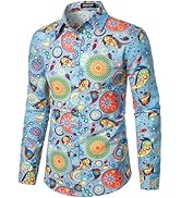 JEMITOP Men's Cotton Linen Vintage 70s Hippie Pattern Printed Long Sleeve Button Down Shirts for ...