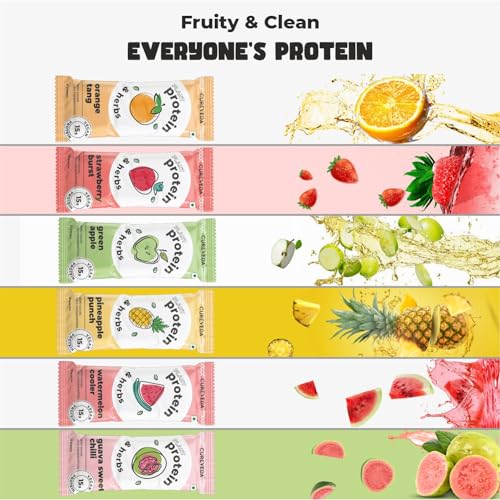Image of Cureveda Pea Protein Isolate Powder with Herbs, Dairy Free, No Added Sugar, Orange, Pineapple, Watermelon, Guava, Green Apple, Strawberry, 6 Flavours x 3 Sachets, 23gm each, Pack Of 18