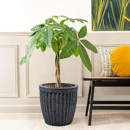 Image of Kuber Industries 14-Inch Roto Mould German Polymer Big Size Flower Pot | Indoor /Outdoor Tree Gamla Planter for Living Room, Resorts, Hotels, Terrace & Garden | Marble Pihu Neo - Black