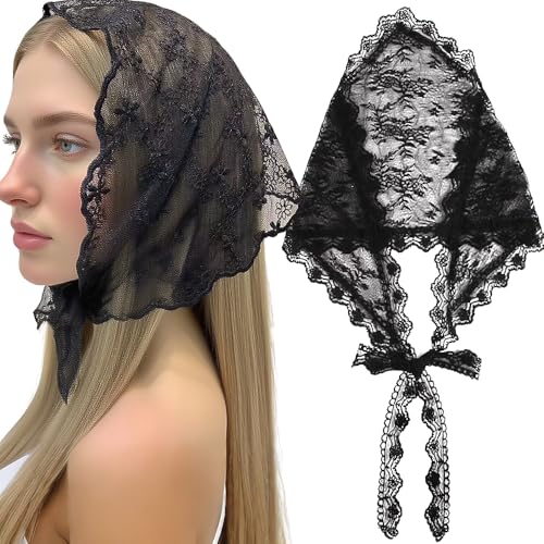 Myhiju Spitze Dreieck Bandana Damen Stickerei Pfingstrose Blume Kopftuch Vintage Ästhetik Schwarz Triangle Cover Up Skirt Strandrock Gestapelt für...