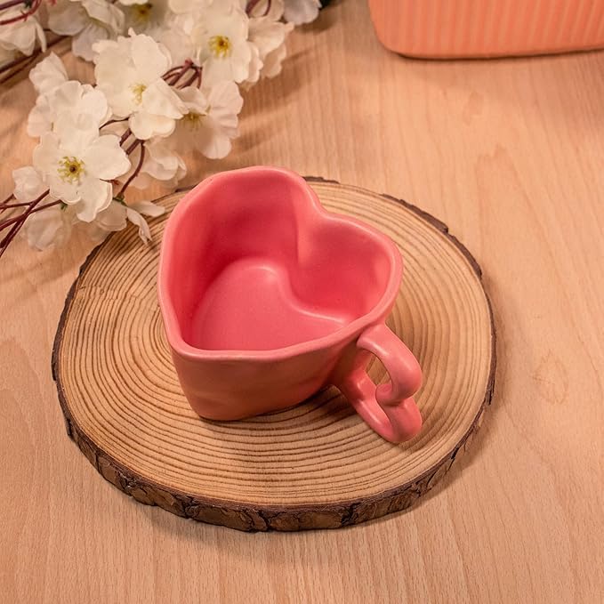 Image of Pink Heart Shaped Ceramic Coffee Mug | Romantic Love Theme Tea Cup with Handle | Cute Gifts for Girlfriend, Wife, Couples | Valentine, Anniversary & Birthday Mug