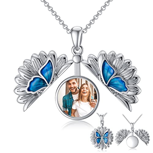 SOULMEET 1 Inch Round Sunflower Butterfly Locket Necklace That Holds 1 Picture Photo Sterling Silver Personalized Expandable Locket Necklace