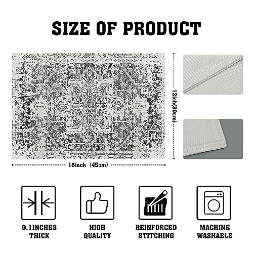 Image of Gray Black Boho Placemats Set of 4 Ethnic Bohemian Carpet Place Mats Washable Kitchen Dining Vintage Grey Geography Floral Linen Table Mats Stain Heat-Resistant Cloth Tabel for Home Party 12x18 in