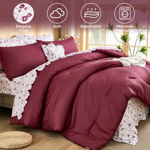 Image of WONGS BEDDING 8PC Queen Comforter Set, Ruffle Comforter with Floral Sheets