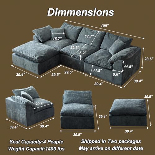 Image of Cloud Couch Sectional for Living Room, Modular L Shaped Boneless Sofa with Chaise, Compressed No Assembly Couch, Deep Seat Chenille Upholstered Convertible Sofa Bed (Blue)