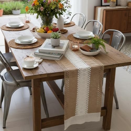 Image of HomeCloud Croshia Woven Table placemat - Heat Resistant, Washable Table Decoration for Dining, Office, Kitchen, Hotel, and Home (Runner Beige White, Set of 2)