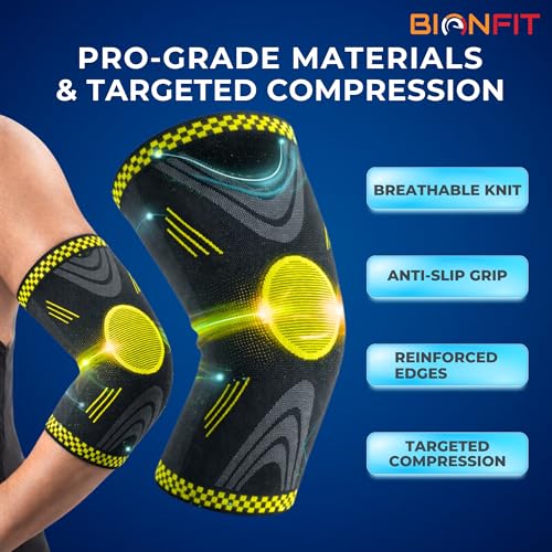 Image of BIONFIT Elbow Support Sleeve Pair for Men & Women | Compression Elbow Brace for Gym, Weightlifting, Tennis & Pain Relief | Breathable Anti-Slip Elbow Support