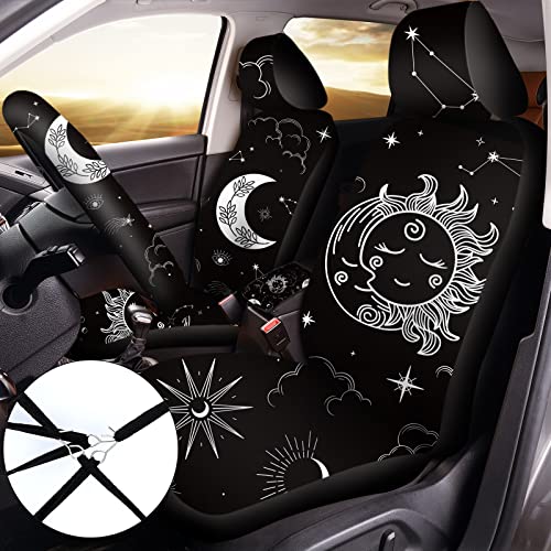 15 Pieces Moon And Stars Car Seat Cover Full Set For Women Men Upgrade Thick Car Front Seat Covers Universal Steering Wheel Cover Separate Headrest Cover Seat Belt Pads (Sun Pattern) #TOP1