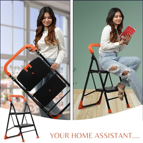 Image of CIPLA PLAST Heavy Duty Folding Ladder with Wide Steps | Foldable | Slip-Resistant | High Strength Long Durable for Home, Kitchen | (5 Years Warranty) (Black & Orange) (2)