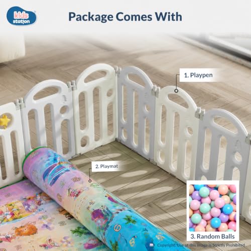 Image of Kids Station Frog Design Baby Play Yard with Playmat & 20 Colourful Balls, Safe Playpen for Infants & Toddlers, Foldable Fence, Anti-Slip Base, Indoor /Outdoor (Frog Grey, 150 x 180 cm)