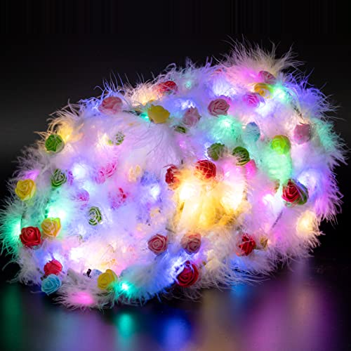 16 Pcs LED Flower Crowns Headbands- Luminous White Feather Wreath Multicolor Light Up Flower Hair Garlands Glowing Foam Floral Headdress for Women Girls Wedding Beach Birthday Party Supplies Photo Props