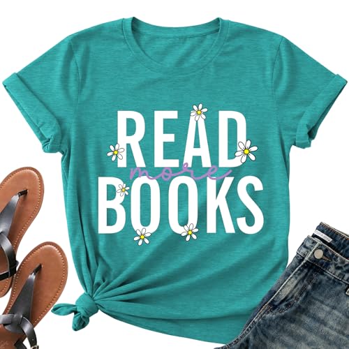 Image of Reading Teacher Shirt Women-Cute Read More Books Short Sleeve Library Book Lovers Daisy Tee Tops