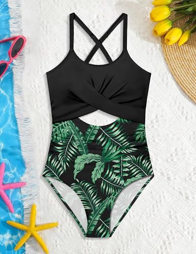 Image of Girl Swimsuit One Piece Cutout Ruched Bathing Suit for Girls Color Block Adjustable Straps Pad Swimwear 9-18y