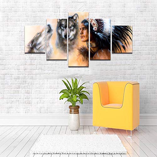 Native American Decor Indian Man In Ethnic Feather With Wolf Wall Art Canvas Painting 5 Pieces Modern Posters Prints Pictures Artwork For Living Room Home Decor Ready To Hang (60''Wx32''H) #TOP2