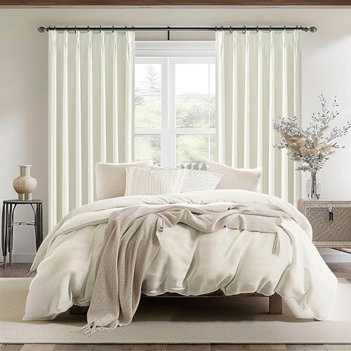 Image of Light Cream Linen Curtains 90 Inches Long Decorative Total Blackout Window Curtains Cute for Nursery /Sliding Glass Doors Pinch Pleated with Hooks Linen Blend Insulated Thermal Drapes 2 Panels