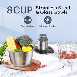 GANIZA Food Processors, Electric Food Chopper with Meat Grinder & Vegetable Chopper - 2 Bowls (8 Cup+8 Cup) with Powerful 450W Copper Motor - Includes 2 Sets of Bi-Level Blades (Grey)