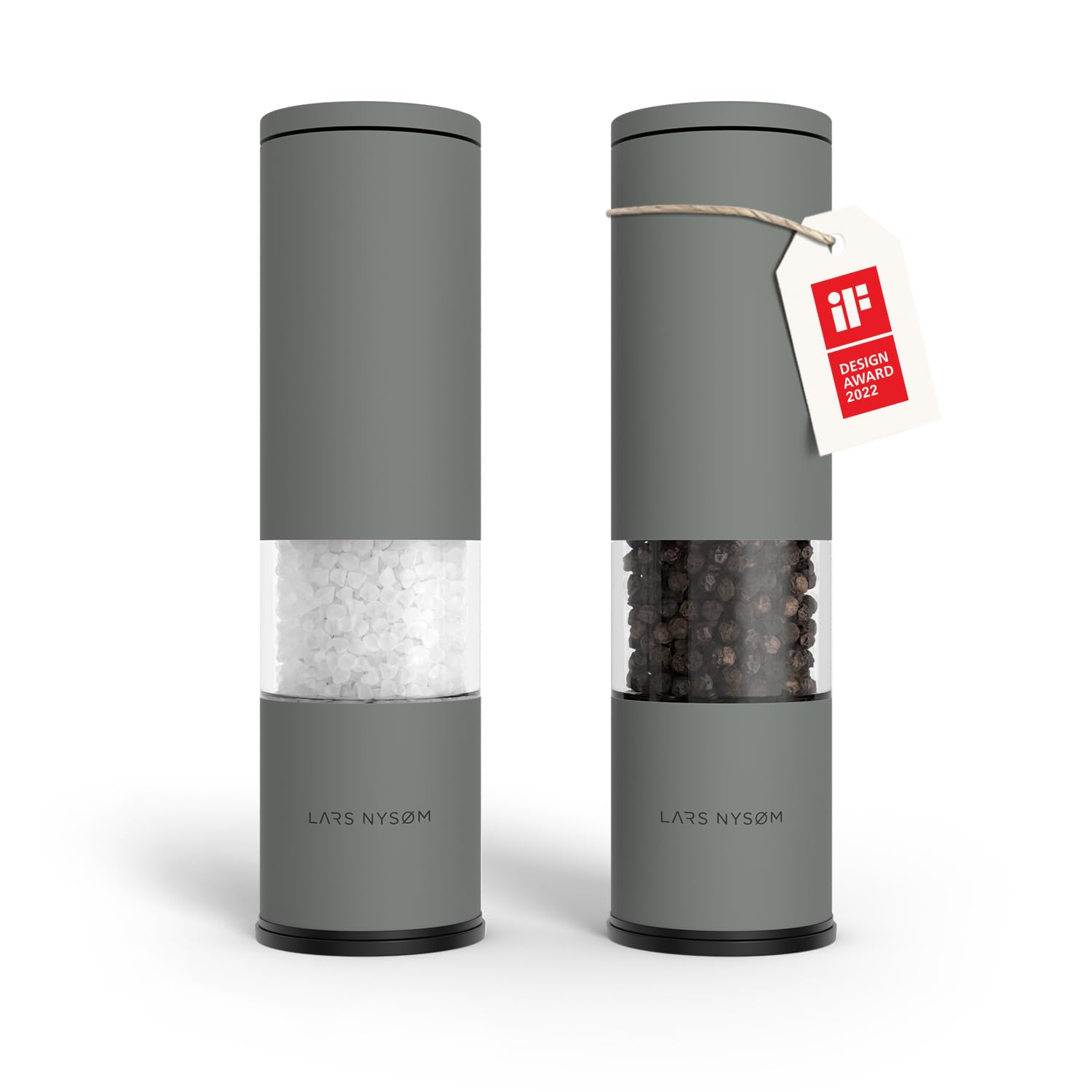 LARS NYSØM Salz und Pfeffermühle Set Manuell mit einstellbarem Keramikmahlwerk I Edelstahl Pfeffermühle und Salzmühle I Design Gewürzmühlen Set (2 Stück) (Ash Gray)
