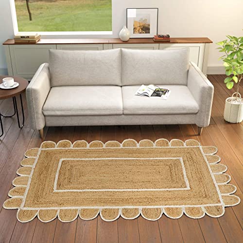 GRUHUM Alfombras festoneadas de Yute, Base Natural, Ribete Blanco Roto, Tejidas a Mano, alfombras Trenzadas Suaves para Cocina, Granja, de Rugs of India (Natural/Blanco-57, 3x5 pies, Rectangular)