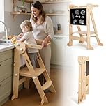 labebe Torre di apprendimento pieghevole per bambini, Montessori Torre con tavola su due lati, 3 in 1 Multifunzionale regolabile in altezza e larghezza Torre di apprendimento da 1 anno (Legno)