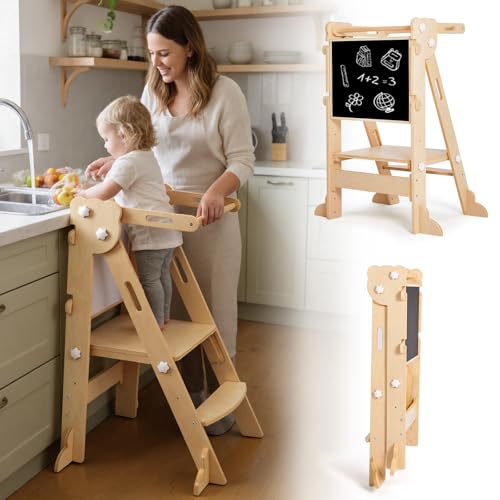 Labebe Torre de Aprendizaje Plegable Niños, Montessori Learning Tower con Tablero de Dos Caras, 3 en 1 Multifuncional Torre Ajustable en Altura y Ancho Torre Aprendizaje (Madera)